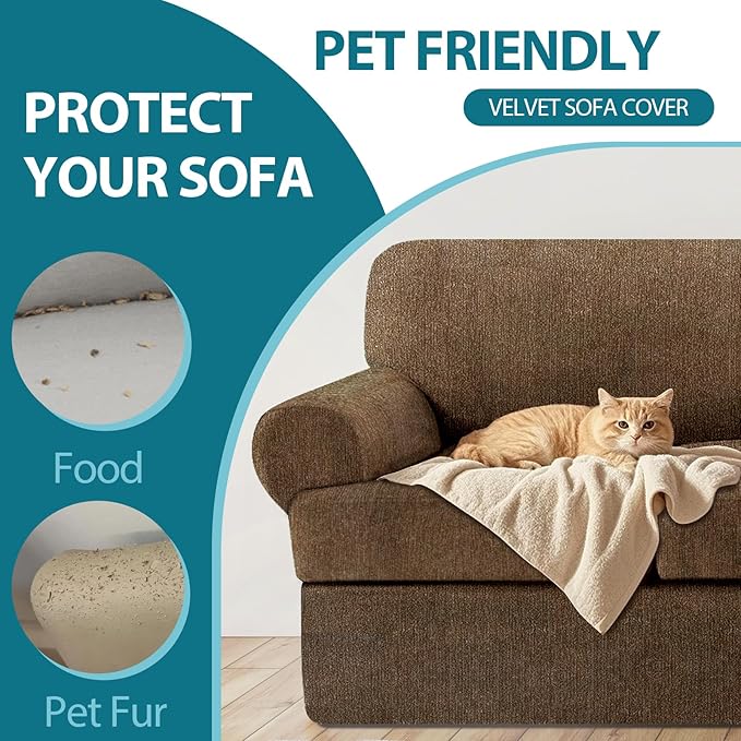 T Cushion Loveseat Slipcover 3 Pieces Sofa Covers for T Cushion Sofa Stretch Slip Covers for 2 Cushion Couch with 2 Individual T Shape Seat Covers (Chocolate, 2 Cushion)