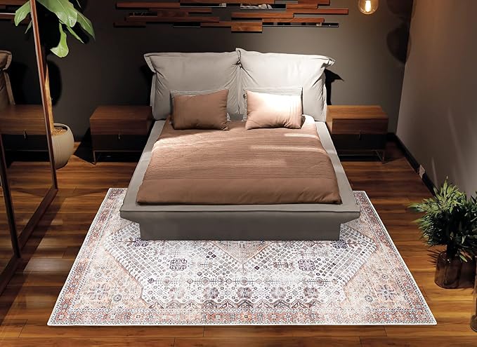 Bloom Rugs Washable Non-Slip 5' x 7' Rug - Sand/Orange/Purple Traditional Medallion Area Rug for Living Room, Bedroom, Dining Room, and Kitchen - Exact Size: 5' x 7'