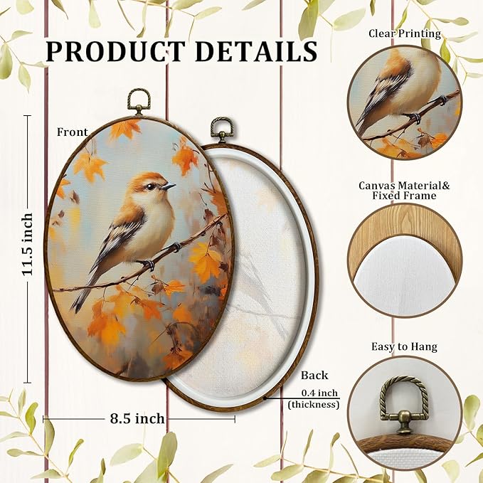 JQF Vintage Fall Bird Oval Wall Art, Farmhouse Autumn Birding Oval Canvas Wall Art, Rustic Fall Bird Framed Prints Hanging Decor for Home Bedroom Living Room, 8.5x11.5 Inch