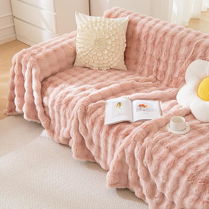 HANDONTIME Faux Fur Plush Sofa Covers for Couch Washable Rabbit Plush Couch Cover Cozy Faux Fur Sectional Covers for Dogs Fluffy Plush L Shaped Sofa Cover Pet Couch Protector, 71" X150", Pink