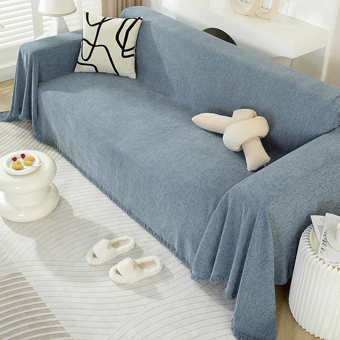 DREAMINGO Modern Minimalism Couch Cover Pets Loveseat Protector Greyish Blue Chenille Sofa Covers for Sectional 3 Seat Couch Boho Herringbone Furniture Cover Throw Sofa Slipcover, 71"x118"