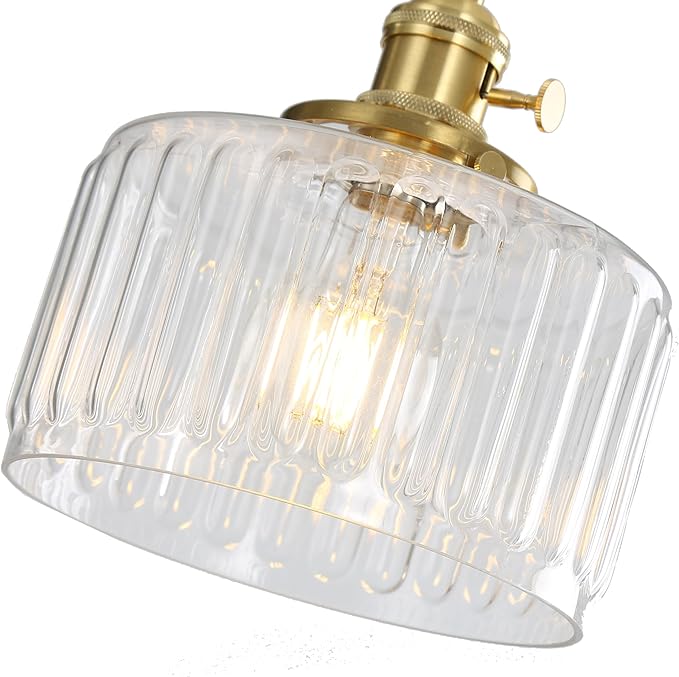 Vintage Pendant Light Fixtures, Brass Socket with ON/Off Switch and Green Glass Lamp Shade Pendant Light for Kitchen Island Farmhouse Living Room (Transparent,Striped)