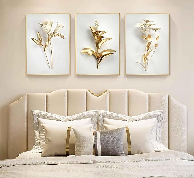 3Pcs Abstract Golden Flower Canvas Wall Art Modern Luxury Minimalism Nordic Floral Plant Painting Picture Wall Decor Poster Print Artwork for Living Room Bedroom Home Decoration Unframed