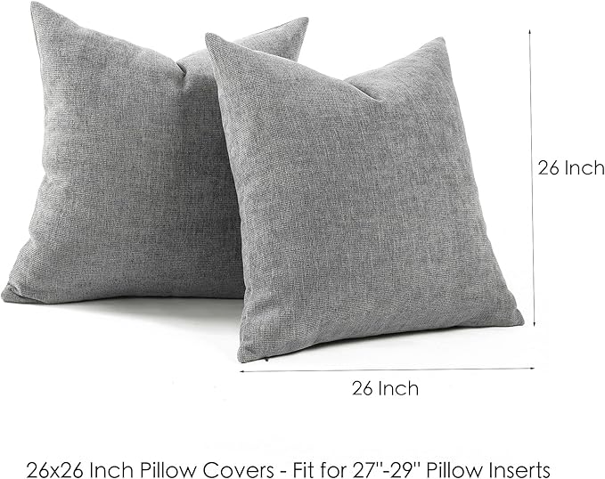Jepeak 26x26 Inch Decorative Chenille Throw Pillow Covers, Pack of 2 Cozy Concise Euro Shams Cover Soft Farmhouse Modern Cushion Cases for Sofa Couch Bed Home Decor, Grey