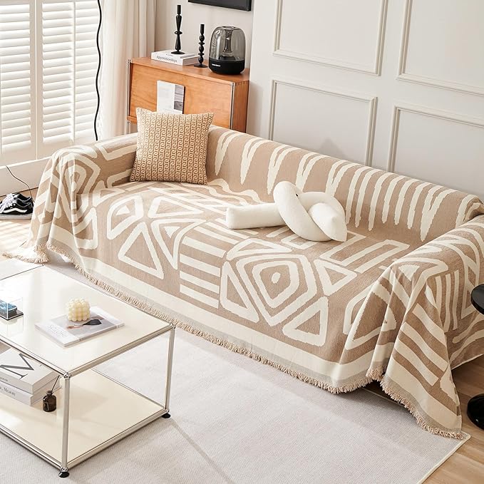 VClife Boho Couch Cover for 3 Cushion Couch Chenille Sofa Cover Sectional Sofa Cover for Dog, Modern Khaki Sofa Slipcover Washable Couch Covers for L-Shape Sofa Reversible Sofa Protector 71''x134''