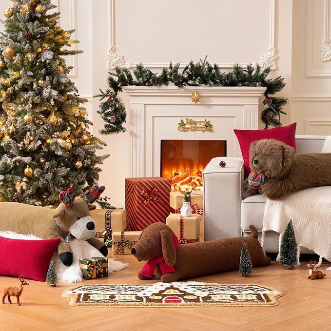 Phantoscope Christmas Animal Series, Reindeer Shaped Throw Pillow with Bell, Faux Rabbit Fur Christmas Body Pillow Decorative Pillows for Couch Sofa Bed, Light Brown Reindeer 30.5 x 9 inches