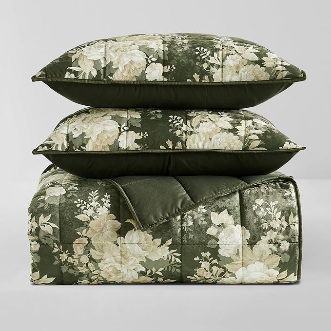Wonderful Velvet Quilt Set, Box Stitched Army Green Velvet Lightweight Comforter Queen, Elegant Floral Printed, Pet-Friendly, Luxury Soft Cozy Bedspread Coverlet Bedding Set for All Season, 94"x94"