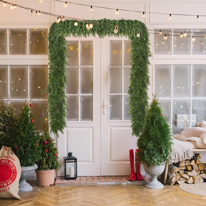 9ft Christmas Garland Realistic Soft and Thickness Green Faux Cedar Pine Garland Artificial Cedar Cypress Garland for Home Fireplace Wall Indoor Outdoor Holiday Party Home Decoration