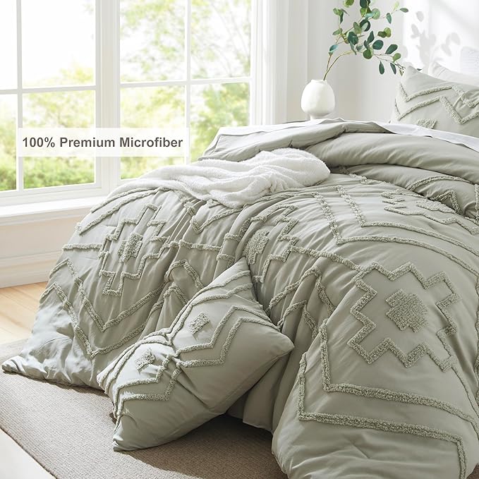 Oli Anderson Boho Tufted Comforter Set King Size, 3 Pcs Soft Jacquard Bedding Set for All Seasons, Shabby Chic Farmhouse Bedding Set with Comforters for All Seasons (Mist Sage, King)