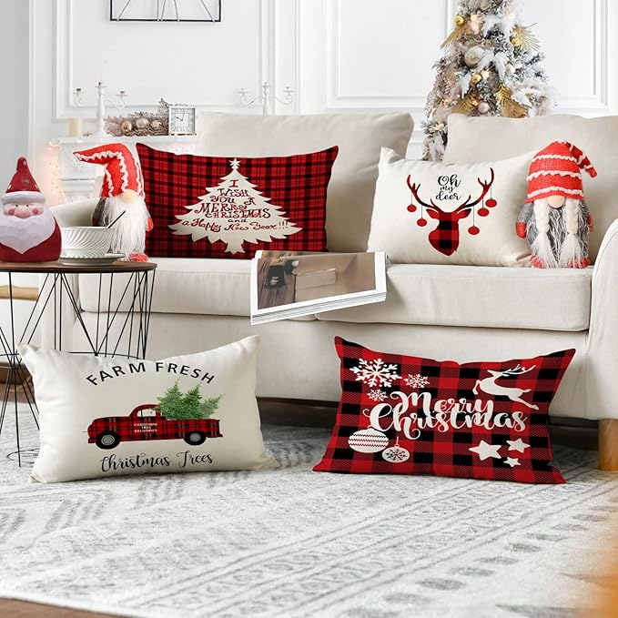 Neatee Living Christmas Pillow Covers 12x20 Set of 4 Red Xmas Vintage Throw Pillows Christmas Tree Deer Snowman Pillow Cases Outdoor Sofa Couch Cushion Covers for Home Decorations (12 by 20)