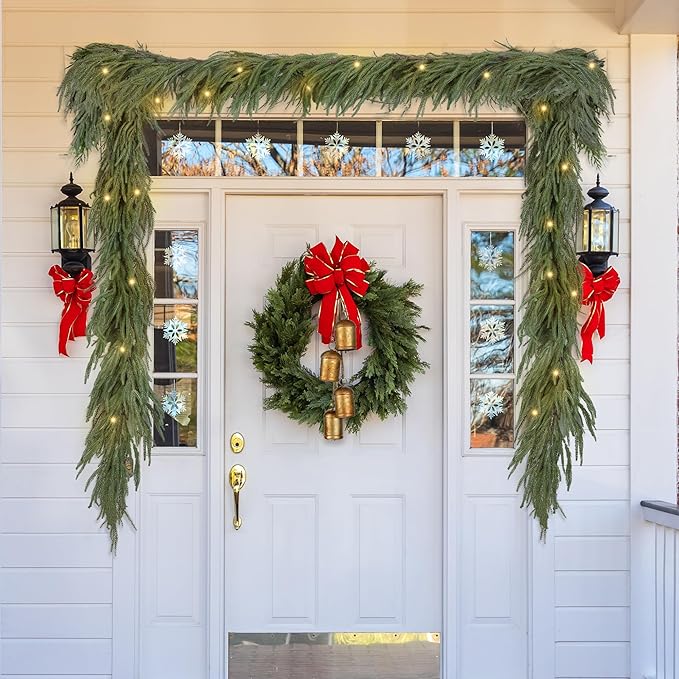 Fovths 1 Pack 6 Feet Christmas Norfolk Garlands Set Artificial Faux Greenery Garland 4 Cow Bell with Jute Hanging Rope Light String Winter Pine Garland for Xmas Indoor Holiday Decor, Green+White