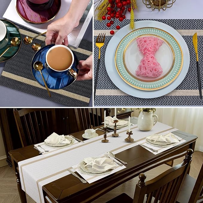 FAVE Placemats Set of 6 Black Placemats Woven with Golden Thread Durable and Wipeable Vinyl Placemat Set of 6 for Wedding, Banquet, Birthday, Party, Restaurant Decorations(Black)