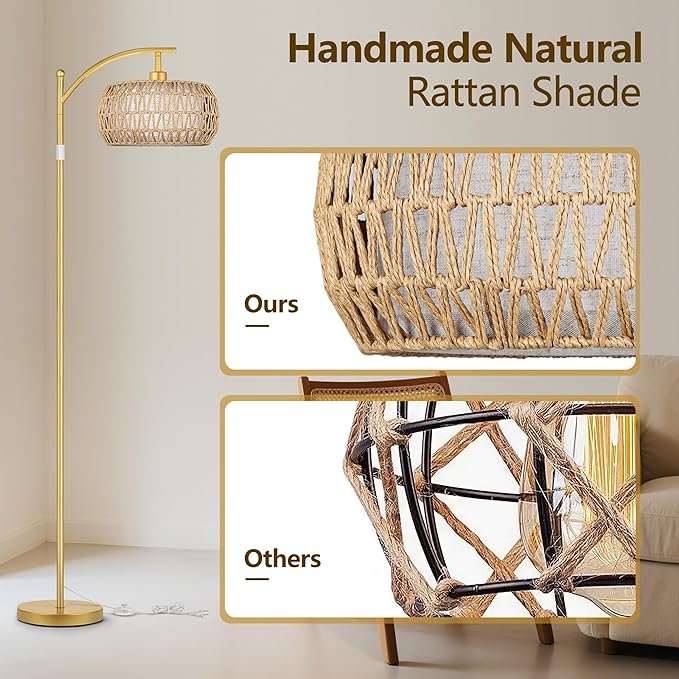 ROTTOGOON Rattan Floor Lamps for Living Room, Boho Standing Lamps with Rattan& Linen Double Shades, Arc Lamps Floor Standing with 9W Bulb, Foot Switch, Bohemian Floor Lamps for Bedroom, Office-Gold