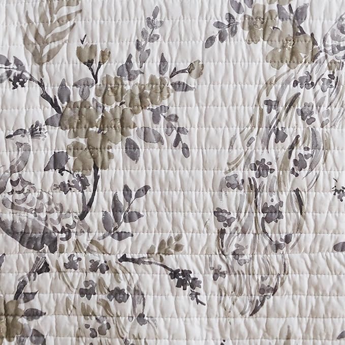 Levtex Home Pisa Reversible Queen Bedspread Set (110x106in) with 2 Pillow Shams (26x20in) - Floral Peacock - Grey, Taupe - Cotton Queen Size Bedspread Set - Lightweight, Soft, Pre-Washed