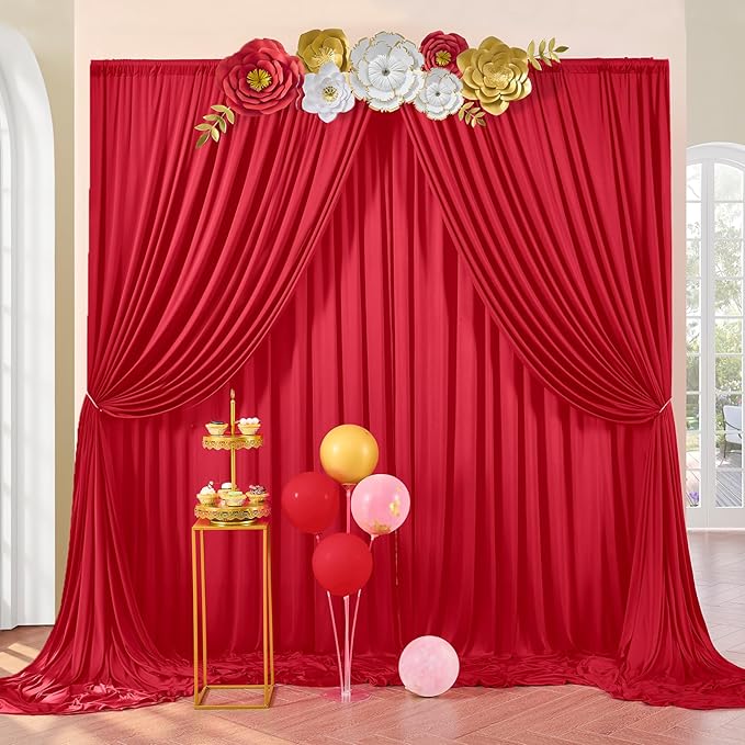50ft x 10ft Wrinkle Free Red Backdrop Curtains for Parties, 10 Panels 5x10ft Silky Polyester Photo Backdrop Drapes for Christmas Weddings Birthday Party Photography Background Decor