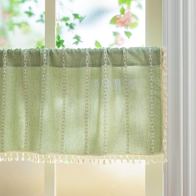 Sutuo Home Boho Short Valance Curtains with Tassles, Bohemian Linen Light Filtering Vintage French Country Christmas Window Treatment Embroidery Drape, Rod Pocket 1 Panel 52" W x 18" L, Sage Green