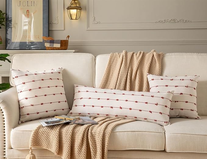 Caflife Boho Lumbar Throw Pillow Covers 14x36 inches Long, Farmhouse Decorative Body Pillow for Bed and Sofa, Living Room Home Decor Couch Rust Pillowcase, Pack of 1