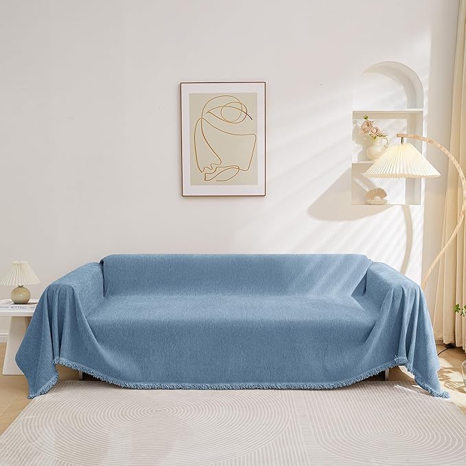 MEETSKY Washable Chenille Sofa Cover Couch Cover for 2 Cushion L Shape Sofa Recliner Sofa Slipcovers with Tassel Thick Couch Protector, 71" x 118", Blue