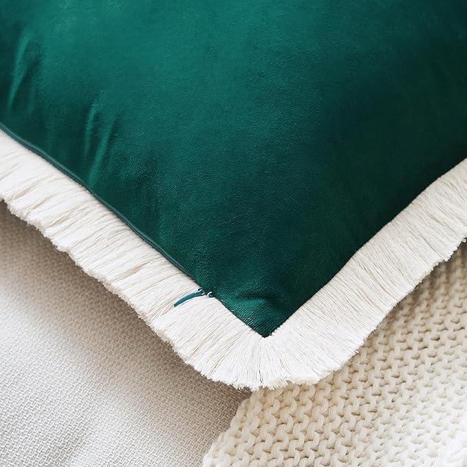 MONDAY MOOSE Decorative Throw Pillow Covers Cushion Cases, Set of 2 Soft Velvet Modern Fringe Tassel Designs, Mix and Match for Home Decor, Pillow Inserts Not Included (Teal Green, 20x20 inch)