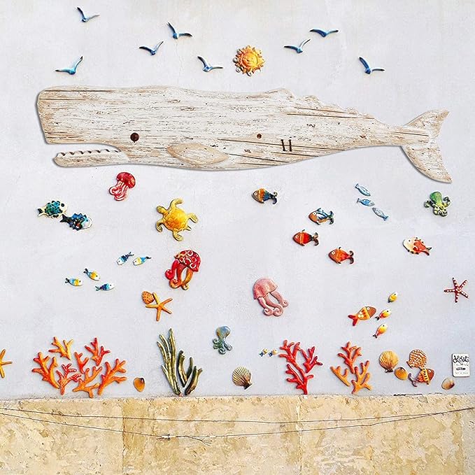 Linfevisi Rustic Nautical Decor Wooden Whale Hanging Wall Decor Wood Whale Decorations Beach Art Ornament Whale Sea Theme Home Decoration Wood Sculpture Whale 29.5" L