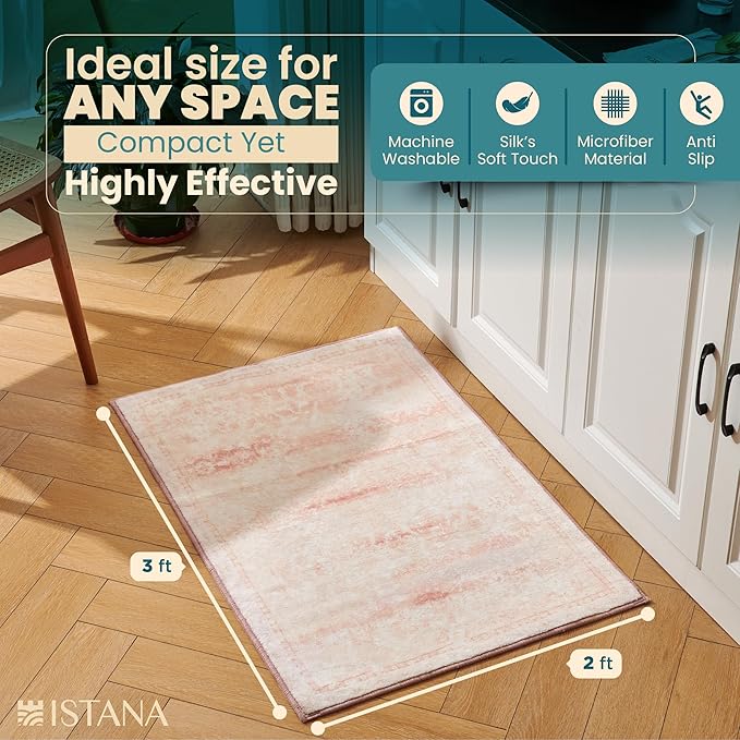 Istana 2x3 Area Rug - Pink Boho Rugs for Living Room 2x3 - Foldable Small Rugs for Bedroom - Stain Resistant Washable Rug Non Slip - Eco-Friendly Area Rugs Indoor