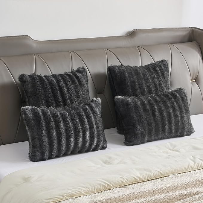 FUTEI Dark Grey Pink Decorative Throw Pillow Covers 24x24 Inch Set of 2,Soft Fluffy Faux Rabbit Fur Dyeing Striped Textured European Cushion Case,Modern Home Decor for Couch Bed Living Room