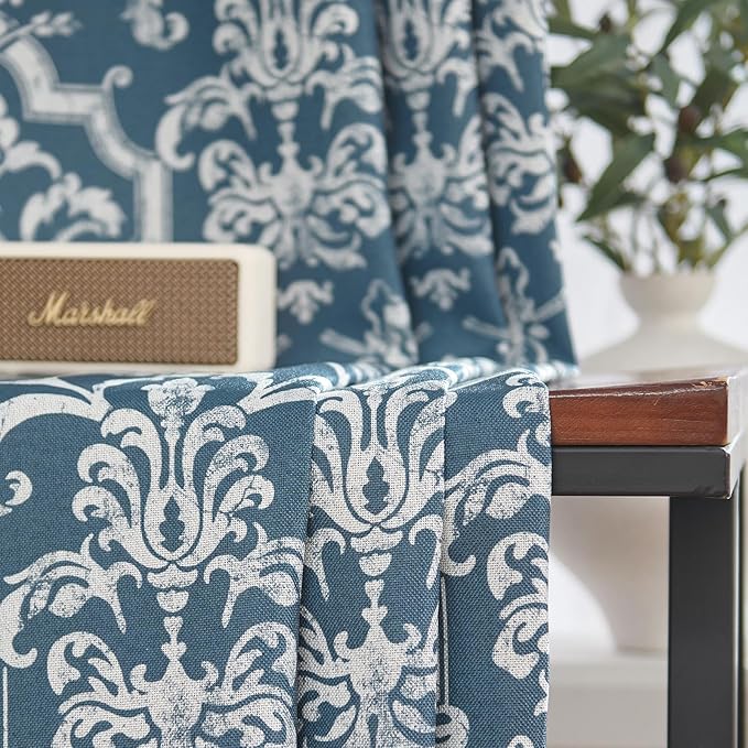 jinchan Blackout Curtains for Bedroom Blue Damask Patterned Curtains 84 Inch Length for Living Room Linen Vintage Drapes Medallion Window Treatments Grommet Top 2 Panels Set