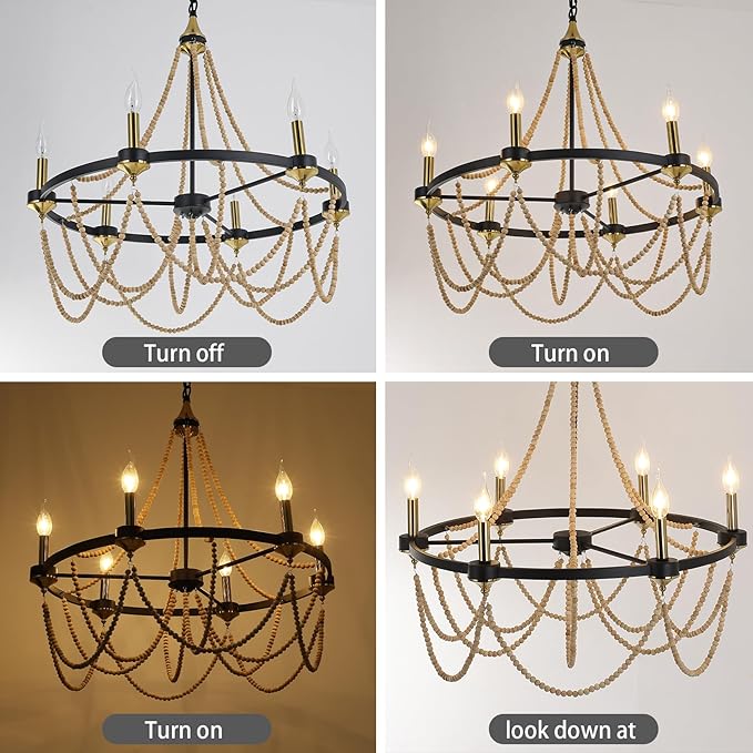 COCOSTAR Black Beaded Chandelier Boho Ceiling Light Fixture, Candle Wagon Wheel Chandeliers with 6-Light,Modern Farmhouse Hanging Lighting with Wooden Bead Pendants for Dining Room, 28 Inch