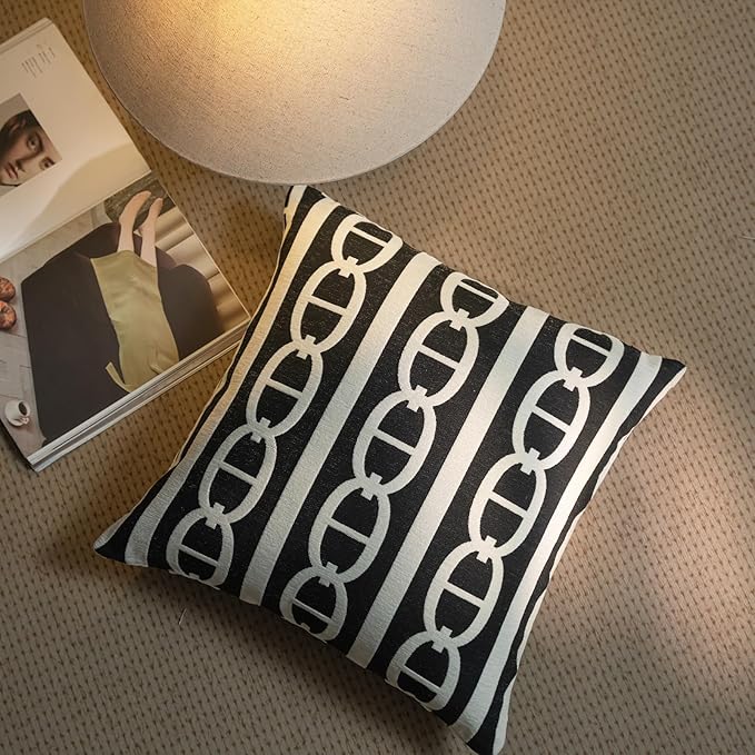 New 18x18'' inches Throw Pillow Cushion Covers - White Pignose Horseshoe Black Color Chenille Jacquard Embroidery Luxury Modern Style Couch Sofa Bed Pillow Cover for Living Room Bedroom