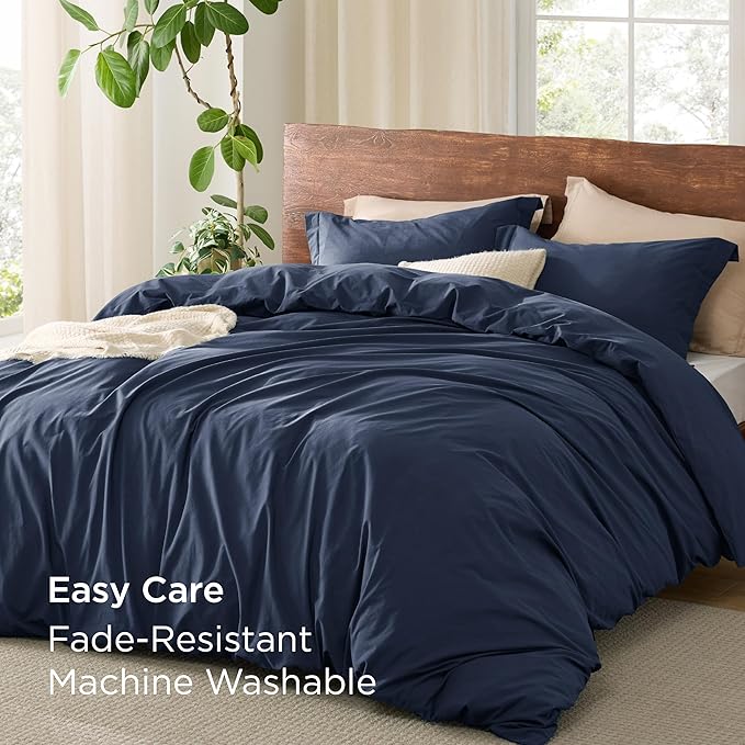 Bedsure 100% Washed Cotton Duvet Cover King Size - Navy Minimalist Cotton Duvet Cover Linen Like for All Seasons - GentleSoft™ Plain Simple Bedding (Navy, King, 104"x90")