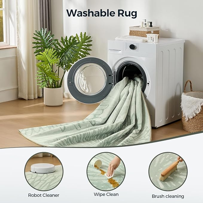 WITSHOCK Living Room Area Rugs 8x10: Boho Light Green Rug for Bedroom Kids Room Neutral Modern Soft Thin Large Carpet Non-Slip Stain Resistant Low Pile Decor(Green,8'x10'
