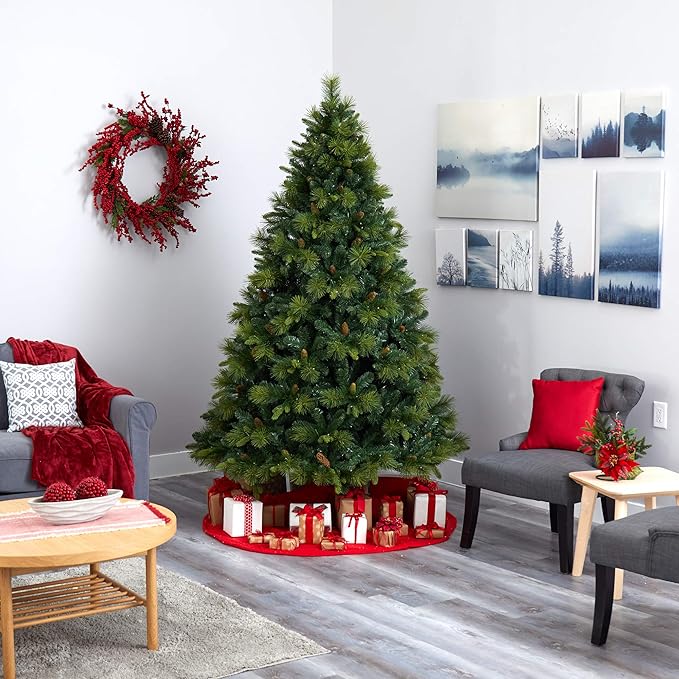 Nearly Natural 7.5ft. North Carolina Mixed Pine Artificial Christmas Tree with 470 Warm White LED Lights, 1895 Bendable Branches and Pinecones