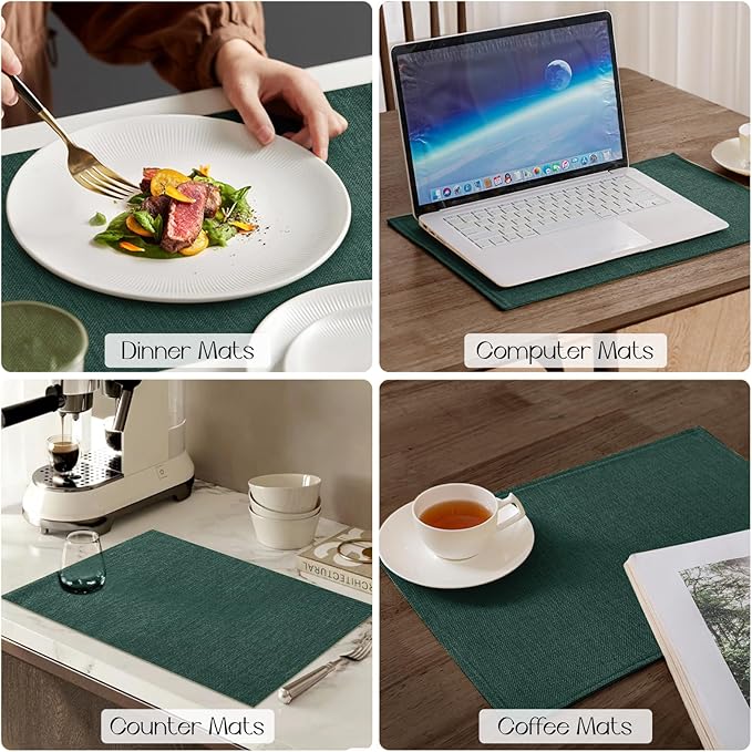 Romanstile Cloth Placemats Set of 8-12 x 18 Inch, Heat Resistant Double Layered Thickened Burlap Christmas Place Mats, Washable Linen Farmhouse Table Mats for Kitchen/Dining/Party/Outdoor, Green