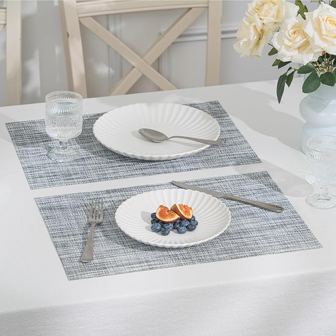 BACKTOEDEN Placemats Set of 12 Heat Resistant Washable Wipeable Placemat Woven Non-Slip Foldable Vinyl/Plastic Place Mats Indoor/Outdoor Mat Kitchen Dining Table Pad, Gray