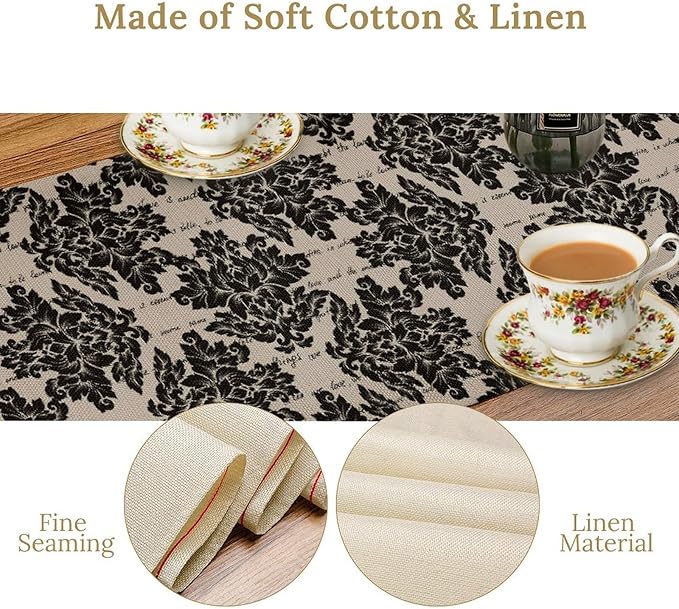 Black Damascus Royal Flowers Table Runner Vintage Classic Flower Table Runner for Kitchen Dining Party Decor 13x72in