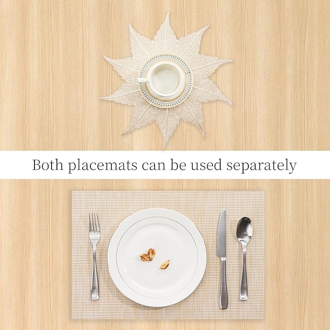 BACKTOEDEN Placemats Set of 4 Heat Resistant Washable Wipeable Placemat Woven Non-Slip Foldable Vinyl/Plastic Place Mats Indoor/Outdoor Mat Kitchen Dining Table Pad, Gold Maple Leaf & Beige
