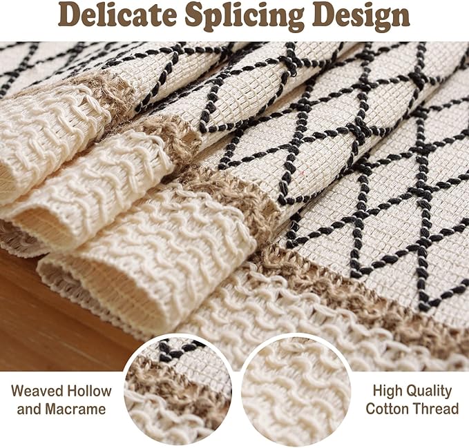 Boho Burlap Macrame Table Runner, Farmhouse Style Cotton Linen Rustic Woven Table Runner with Tassels for Dining, Wedding, Bridal Shower, Bohemian (12x72 inch, Black Grid)
