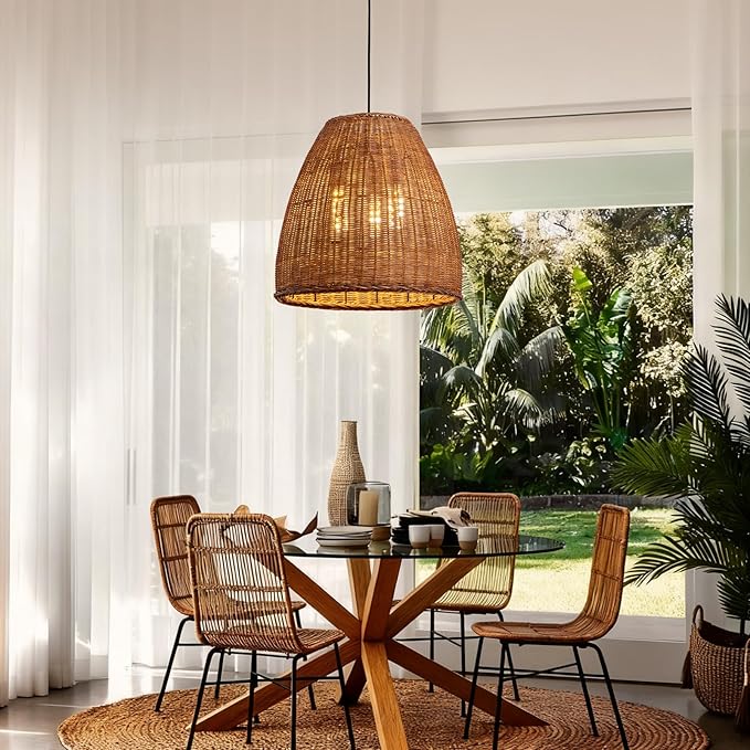 Rustic Rattan Chandelier Light Fixtures, 16.5IN Boho Hand Woven Pendant Light, 3-Lights Farmhouse Lampshade Dinning Room Hanging Lamp for Living Room Kitchen Island Hallway Bedroom Hallway
