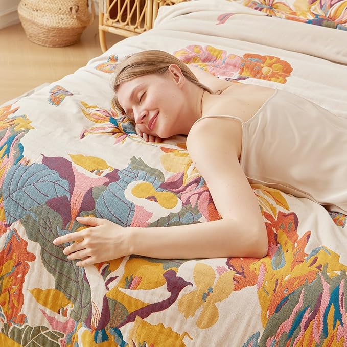 Queen Throw Blanket for Bed 100% Cotton Boho Ultra Soft Quilt Butterfly and Floral Double Embroidery Fall Queen Bed Blanket Bedspread,90"x 90" All Season Blankets for Bedding Couch