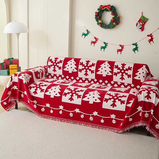 MEETSKY Christmas Couch Cover for Sectional Sofa, Chenille Red Sofa Covers Washable for Pet Friendly Snowflake Christmas Tree Decorative Couch Covers, 71" x 134"