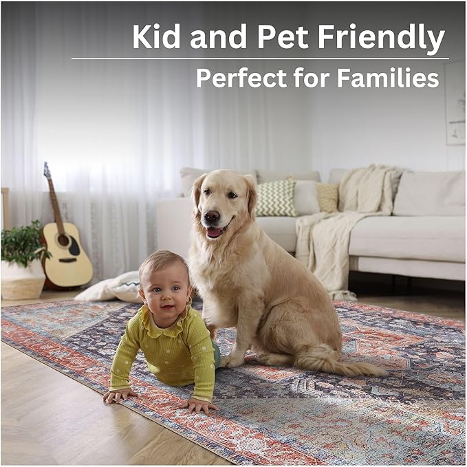 Bloom Rugs Washable Non-Slip 8' x 10' Rug - Terracotta/Blue Traditional Medallion Area Rug for Living Room, Bedroom, Dining Room, and Kitchen - Exact Size: 8' x 10'