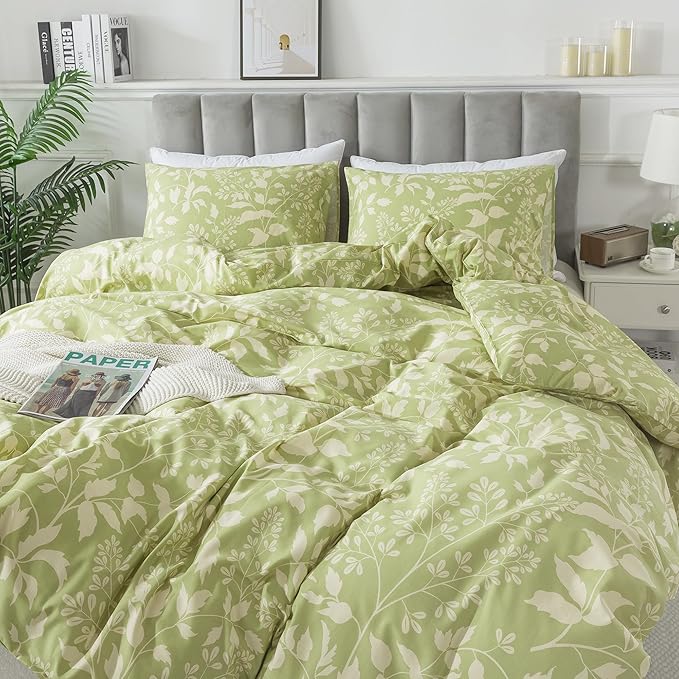 HoneiLife Wildflower Duvet Cover Queen - 100% Cotton Comforter Cover Sets, 3-PC Comfortable Floral Duvet Cover Sets, Soft & Breathable Duvet Cover with Zipper Closure & Corner Ties, Vibrant Green