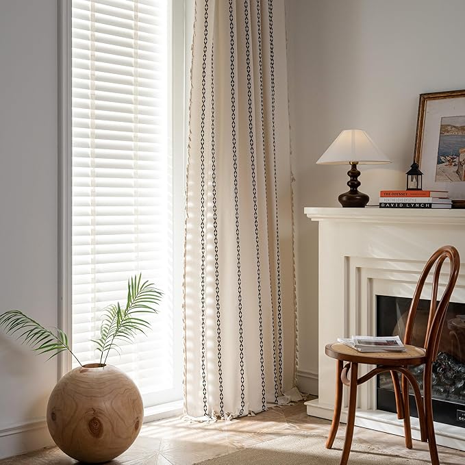 Sutuo Home Boho Curtains 63 Inch Length for Bedroom Living Room, Rod Pocket Light Filtering Cotton Embroideried Bohemian Striped Semi Blackout Farmhouse Decor, White and Black 1 Panel W52 x L63