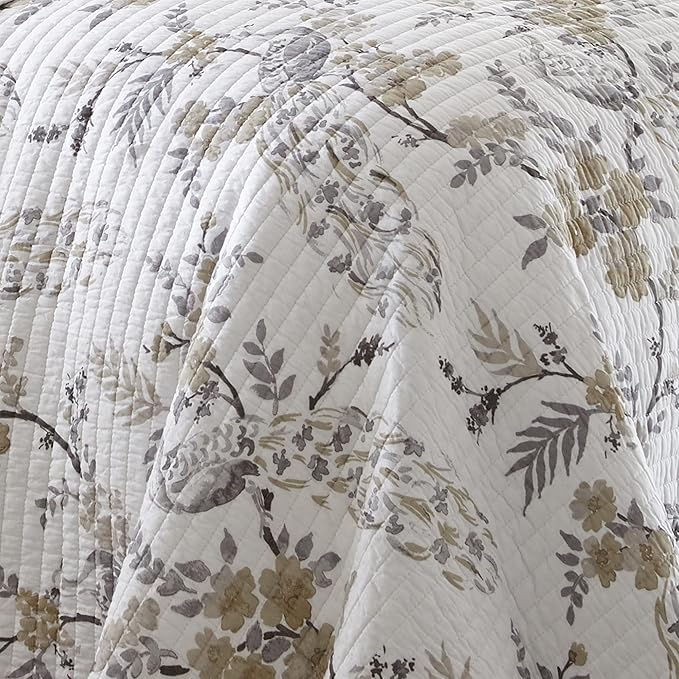 Levtex Home Pisa Reversible King/Cal King Quilt Set (106x92in) with 2 Pillow Shams (36x20in) - Floral Peacock - Grey, Taupe - 100% Cotton King Size Quilt Bedding Set - Lightweight, Soft, Pre-Washed
