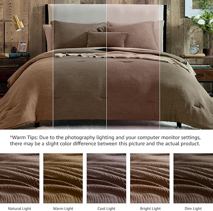 Geniospin King Comforter Set - 7 Pieces Comforter King Size, Soft Solid Bedding Set for All Season, Textured Bed in a Bag with Sheets, Pillowcases & Shams(Brown, 102''x90'')