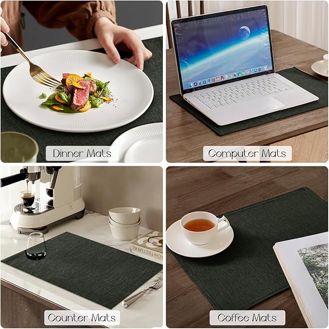 Romanstile Cloth Placemats Set of 6-12 x 18 Inch, Heat Resistant Double Layered Thickened Burlap Place Mats, Washable Faux Linen Farmhouse Table Mats for Kitchen/Dining/Party/Outdoor, Dark Grey