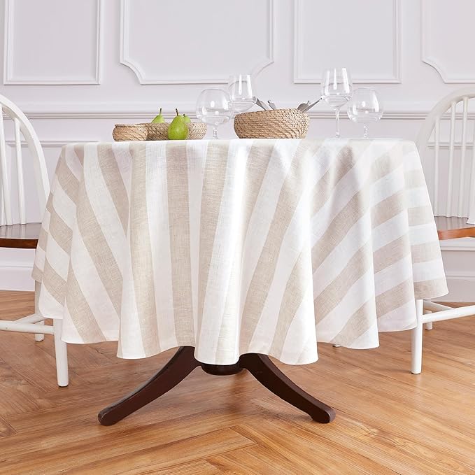 Solino Home Linen 60 Inch Round Tablecloth - Cabana Stripe, 100% Pure Linen Natural and White Round Tablecloth - Machine Washable Table Cloth for Fall, Autumn, Thanksgiving