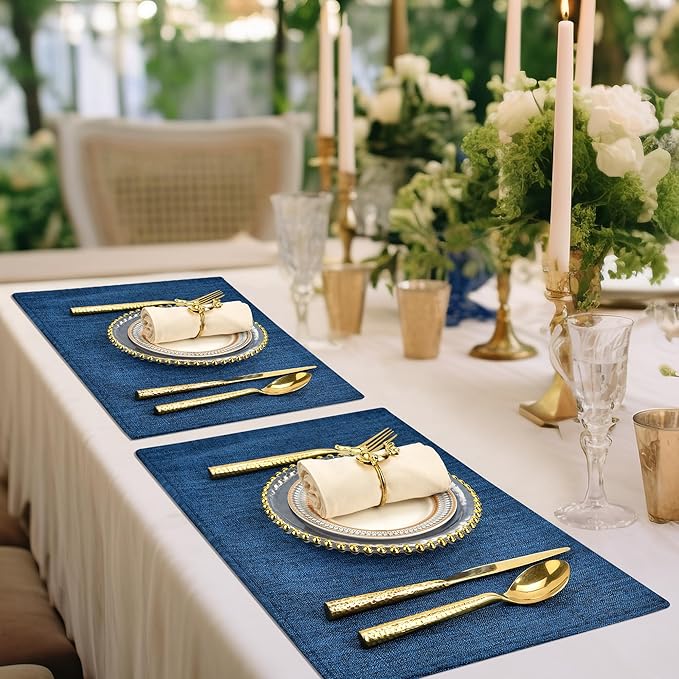 SLKQG Navy Linen-Look Fabric Placemats Set of 8, Heat Resistant & Machine Washable Double-Layered Cloth Placemats for Dining Table, Indoor/Outdoor Use, Non-Slip Kitchen Table Mats (8, Navy)