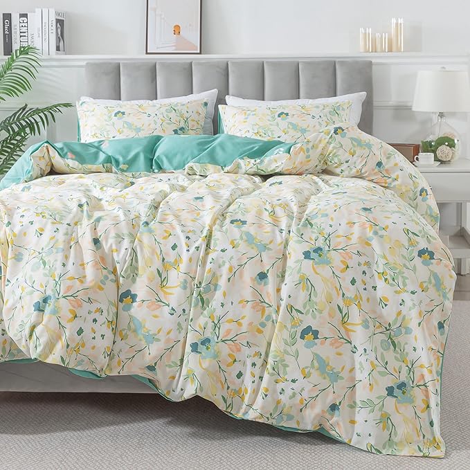 HoneiLife Duvet Cover Queen Size - Cotton Comforter Cover Floral Duvet Cover Sets 3-PC, Wildflower Duvet Cover with Zipper Closure & Corner Ties, Botanical Comforter Cover Sets, Ink-Painting