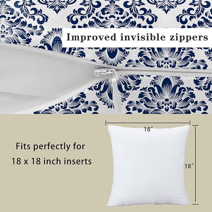 LOVOUS Navy Blue and White Damask Throw Pillow Covers 18x18 Inch Set of 2, Vintage Linen Decorative Pillow Covers for Bed Couch Sofa Bedroom Living Room Home Decor, B15